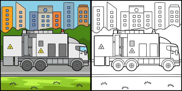 Questa pagina da colorare mostra un camion a raggi x un lato di questa illustrazione è colorato e serve da ispirazione per i bambini