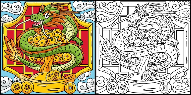 Questa pagina da colorare mostra un albero di monete dell'anno del drago un lato di questa illustrazione è colorato e serve da ispirazione per i bambini