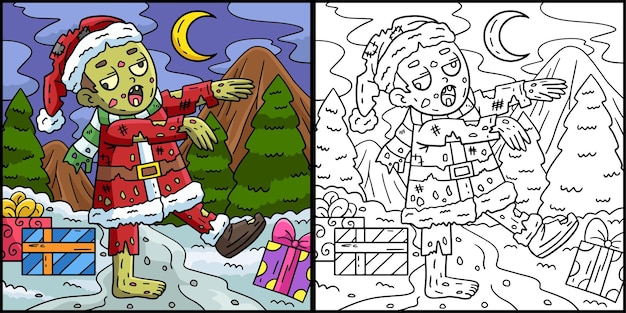 This coloring page shows a Zombie in a Santa Outfit One side of this illustration is colored and serves as an inspiration for children