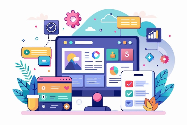 this design showcases a customizable uiux layout with colorful charts graphs and interface elements uiux design customizable disproportionate illustration