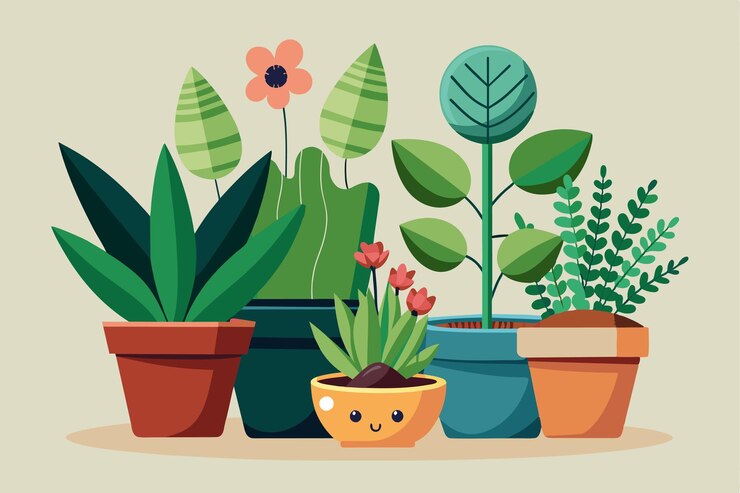 Vector this display features a variety of customizable cartoon potted plants in colorful pots enhancing a cheerful atmosphere potted plants customizable cartoon illustration
