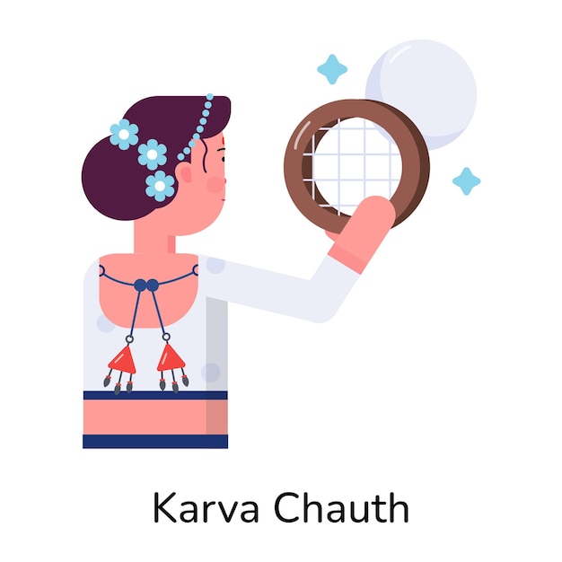 This flat icon character icon showing karva chauth celebration