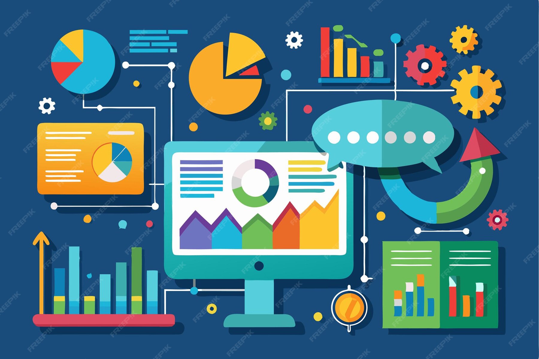 This graphic displays various data visualizations on a computer ...