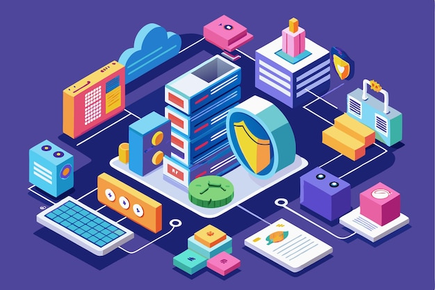 this graphic shows a customizable secure data environment with colorful isometric elements for data management secure data customizable isometric illustration