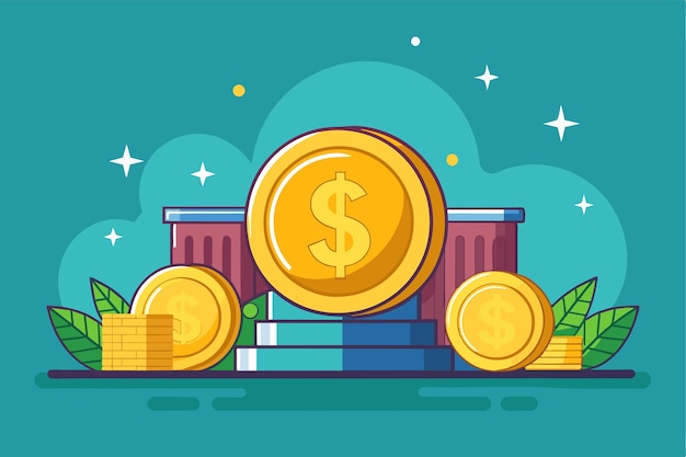 このイラストには,コインの配列が緑色とカラフルな背景要素で補完され,視覚的に魅力的な通貨の表現を作成しています.