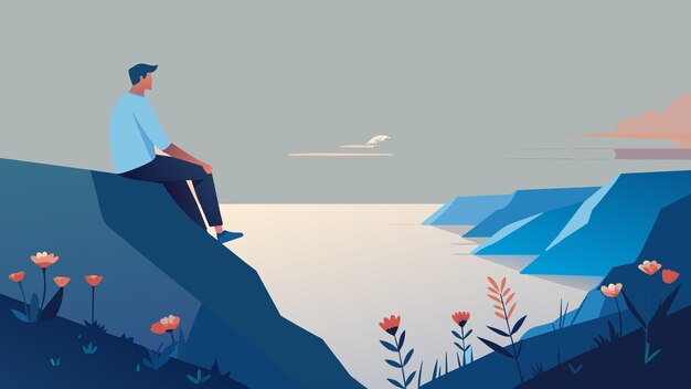 In this illustration a man is seen sitting at the edge of a jagged cliff surrounded by wildflowers