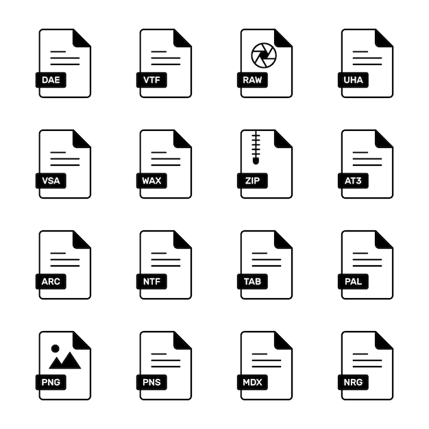 この画像はそれぞれ異なるファイルタイプを表す色とりどりのファイル形式アイコンを表示しています