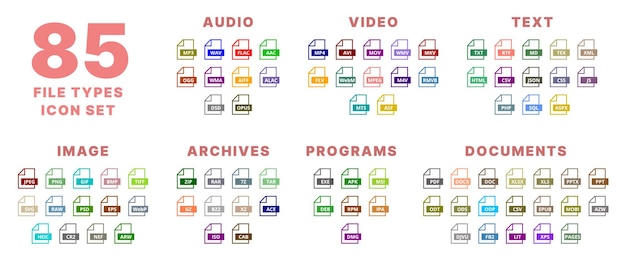 Vector this image is a set of 85 icons related to different file types and multimedia formats