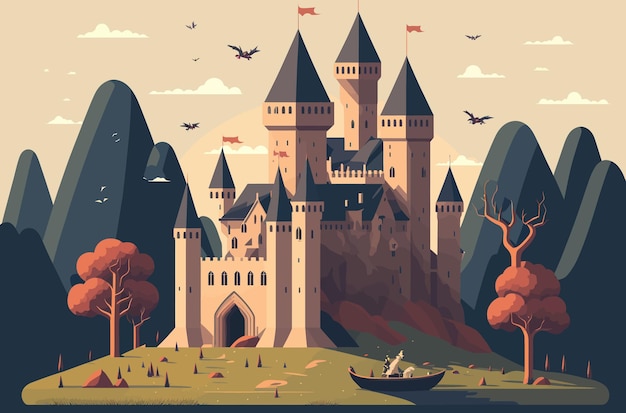 In this image you can see a fairytale castle with luxurious towers and walls The castle is distinguished by a large number of details astral doorsPlants grow around the castleVector illustration