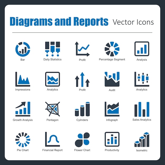 This is a collection of 20 beautiful handcrafted pixel perfect Diagrams and Reports vector icons