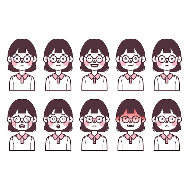 This is an illustration of a girl wearing glasses expressing various emotions