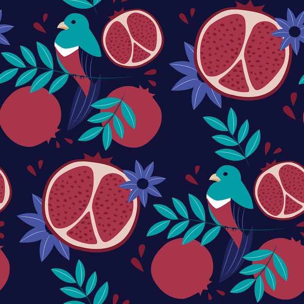 Vector this is a seamless natural pattern with a pomegranate a bird and a flower on a dark background