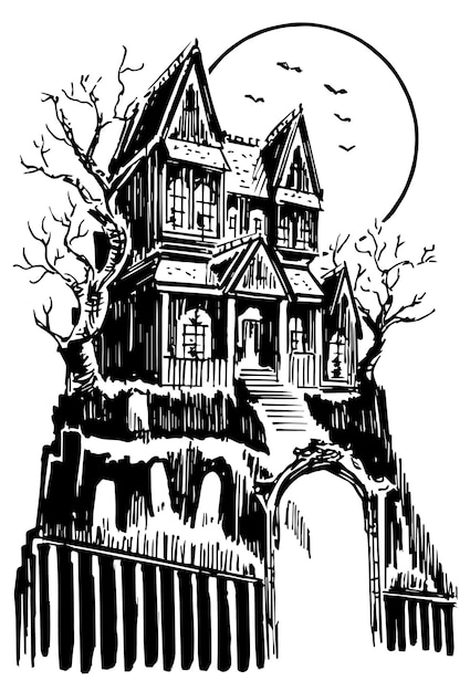 This moody vector illustration of a haunted house was created with pen and ink Layered and grouped