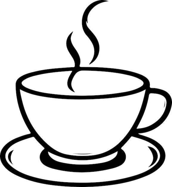 This vector art depicts a black and white cup of tea or coffee with steam rising from it. The simple