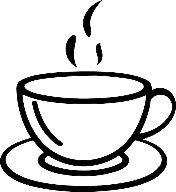 This vector art depicts a black and white cup of tea or coffee with steam rising from it. The simple