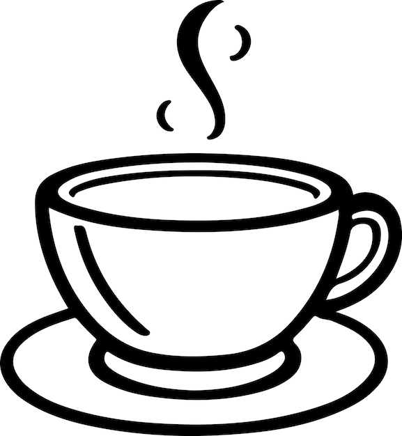This vector art depicts a black and white cup of tea or coffee with steam rising from it. The simple
