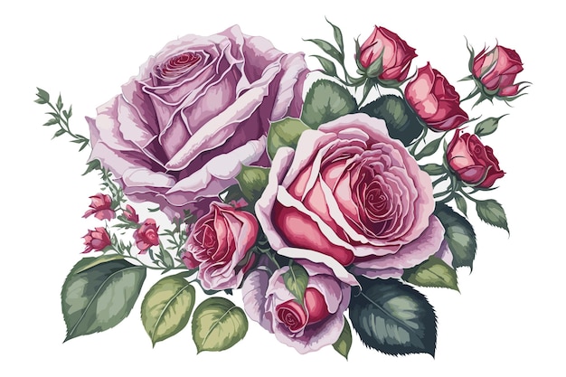 This vector graphic depicts a stunning arrangement of watercolor roses