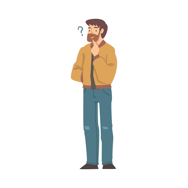 思慮深いひげの男 キャラクターと問号 物質ベクトルのイラストを考える