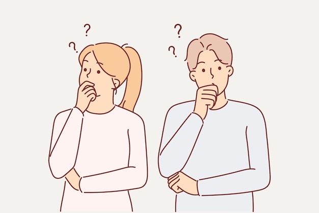 Thoughtful couple touches chins in embarrassment when pondering important question or showing indecision Thoughtful man and woman choosing solution for relationship problem that has arisen