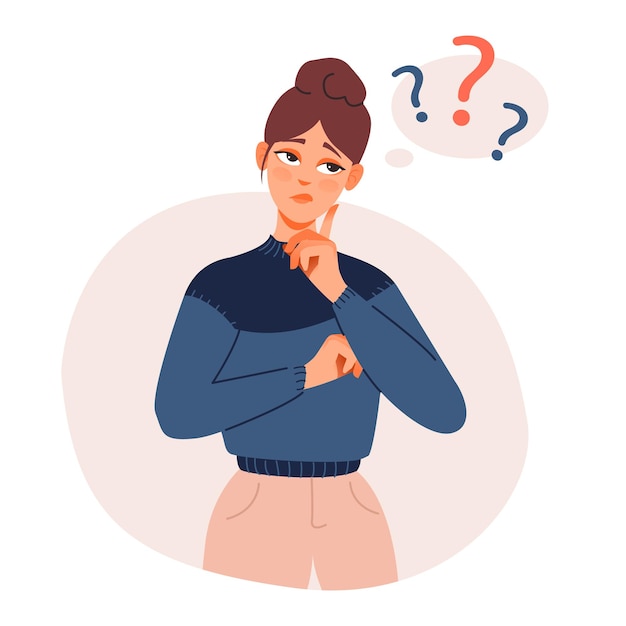 A thoughtful girl with a question. Puzzled woman doubting, deciding, setting priorities. Flat vector