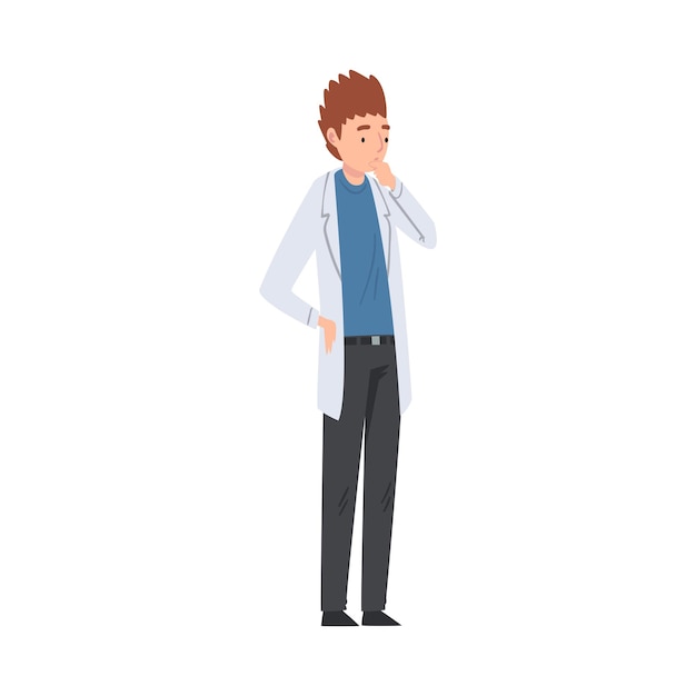 Thoughtful Male Scientist Character in White Lab Coat Working in Scientific Lab Vector Illustration