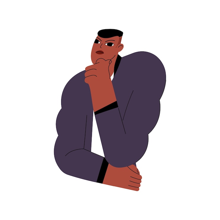 Vector thoughtful pensive uncertain black man thinking questioning puzzled troubled person in thoughts doubts anxiety about trouble problem flat vector illustration isolated on white background