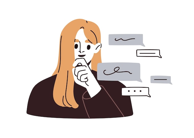 사려 깊은 여성 집중적 인 반사적 인 캐릭터 생각에 집중하는 생각을 듣고 분석하는 브레인 스토밍 프로세스 개념 평평한 터 일러스트레이션 백색 배경에 고립