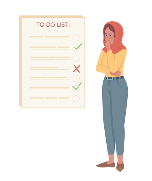 Thoughtful woman organizing tasks in to do list semi flat color vector character