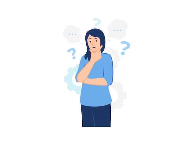 Vector thoughtful woman with hand on chin thinking about something problem solving making choice