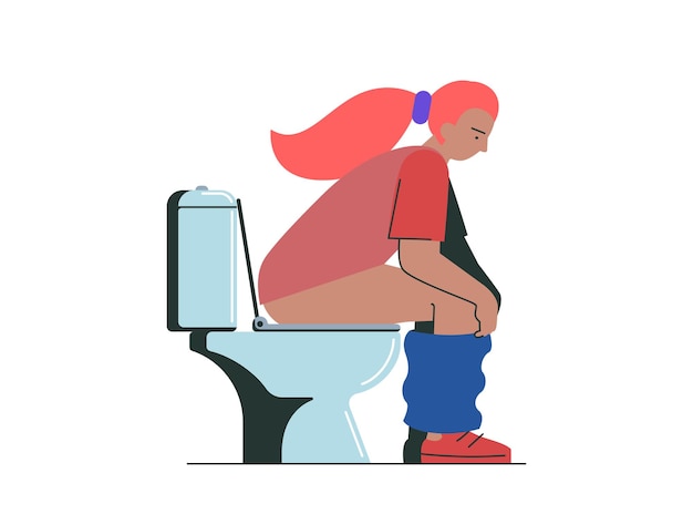 Vector thoughtful young woman pissing or pooping in wc girl sitting on toilet bowl in lavatory beautiful