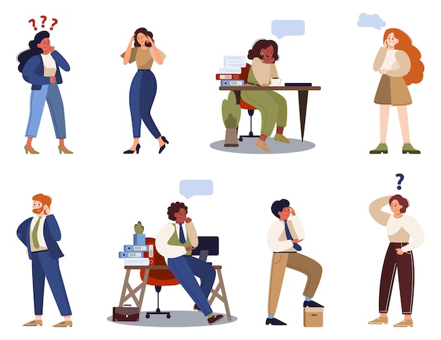 Thoughtfull business people set. woman and man thinking in search of solutions to problem. brooding person. isolated vector illustration in cartoon style