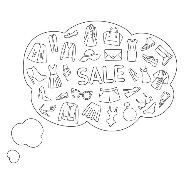 Vector thoughts about the sale. thought bubbles about shopping, sale, clothes, shoes, accessories. line icons on a white background