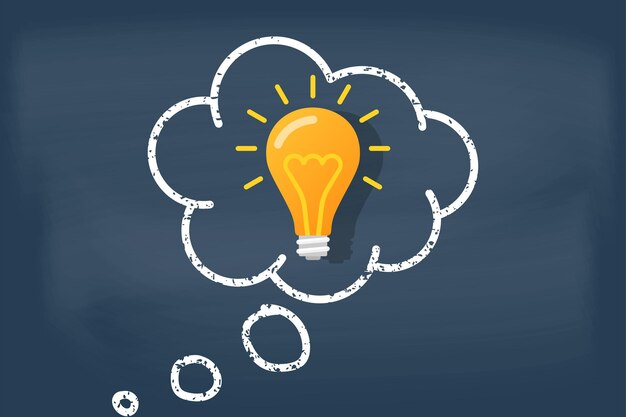 Vector thoughts in the form of a cloud with an idea innovations decision concept bright idea a cloud with a lamp is drawn on the blackboard with chalk vector illustration flat design