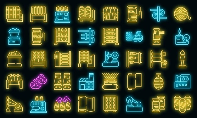 Thread production icons set. Outline set of thread production vector icons neon color on black