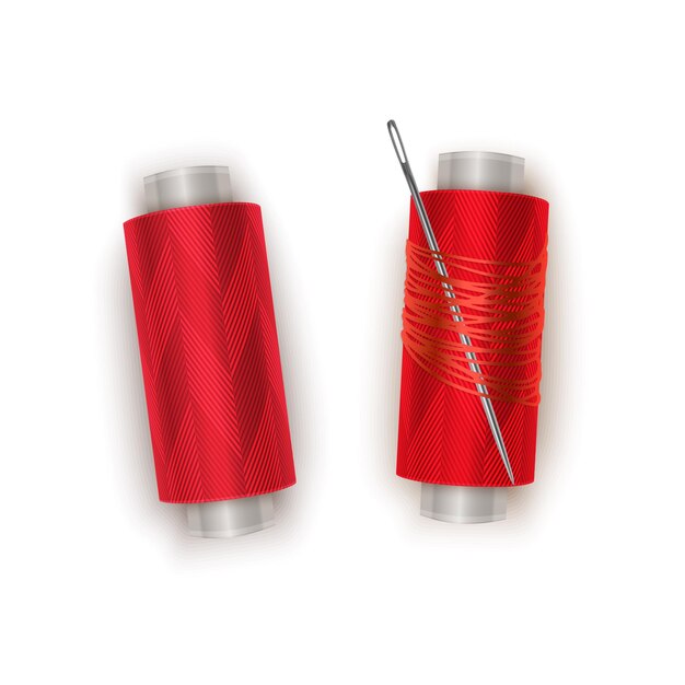 Il filo di colore rosso, set di rocchetti di filo. bobina di plastica colorata con ago realistico. illustrazione