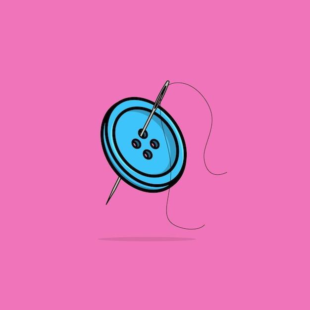 A threaded needle and blue button vector illustration.