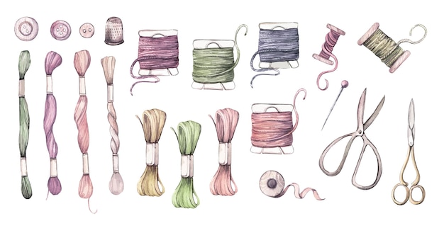 Vector threads and accessories for embroidery watercolor hand drawn set clipart