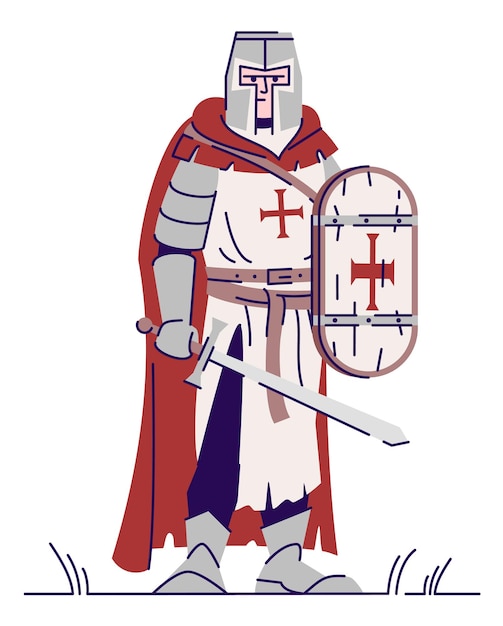 Vector threatening templar knight semi flat rgb color vector illustration. standing figure. live action role playing game. medieval period person isolated cartoon character on white background