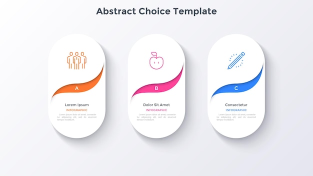 Three abstract paper white rounded or oval elements. Concept of 3 marketing strategy features to choose or select. Simple infographic design template. Flat modern vector illustration for presentation.