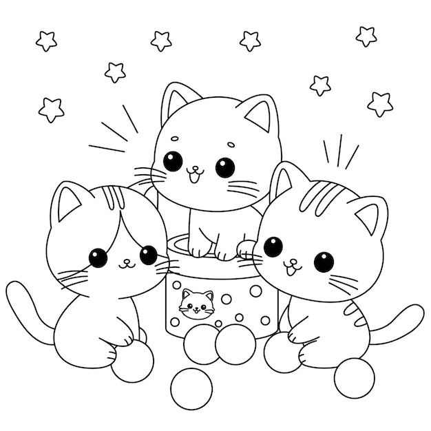 세 명의 사랑스러운 고양이가 공으로 놀고 있습니다. 그림은 Doodle 만화 스타일입니다.