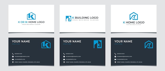 three alternative house logos with the initial K with a business card design