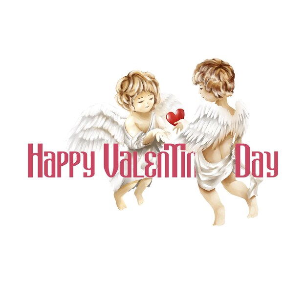 Three of angels give heart for together cupids with happy valentine's day pink text on white