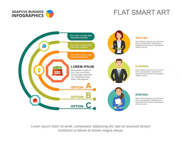 3つの円弧オプションチャート。プロセス図、編集可能なテンプレート。