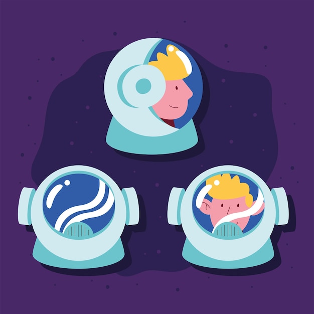 세 명의 우주 비행사 헬멧