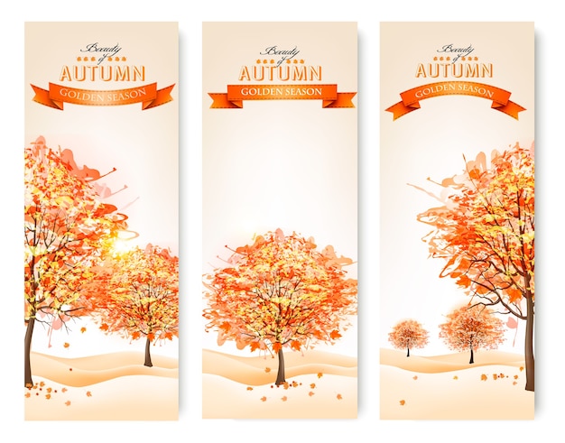 Three autumn abstract banners with colorful leaves and trees.