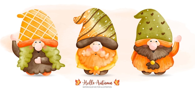 Three Autumn Gnome Fairy tale Gnome Autumn or Fall Animal decor Watercolor illustrationxDxA