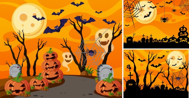 Three background with halloween night and jack-o-lanterns