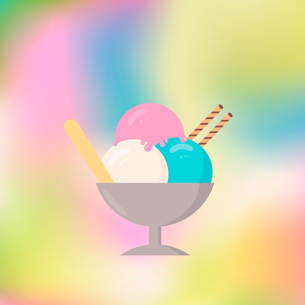 Three balls of ice cream in a cup on a colorful blurred background Concept of summer desserts and kids celebration Vector design template for caf or restaurant decorations and menu