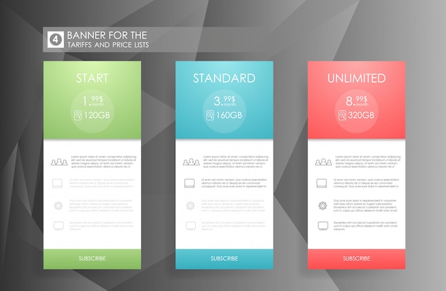 관세 계획 3 배너입니다. 상업 계획과 비즈니스, 글 머리 기호 목록의 가격표 세트 비교. 회색 배경에 비즈니스 제품의 가격에 대 한 템플릿.