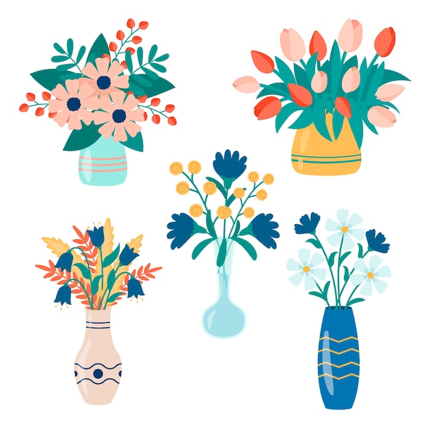 Вектор Три красивых цветка в красочных вазах векторный набор